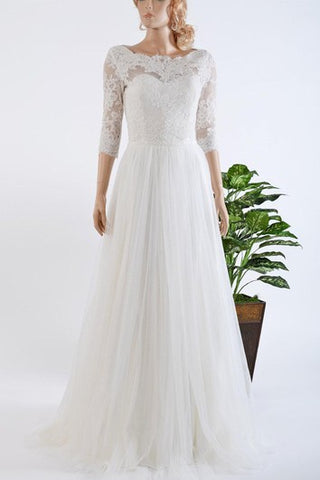 3-4 Length Sleeve Tulle and Lace Wedding Dress