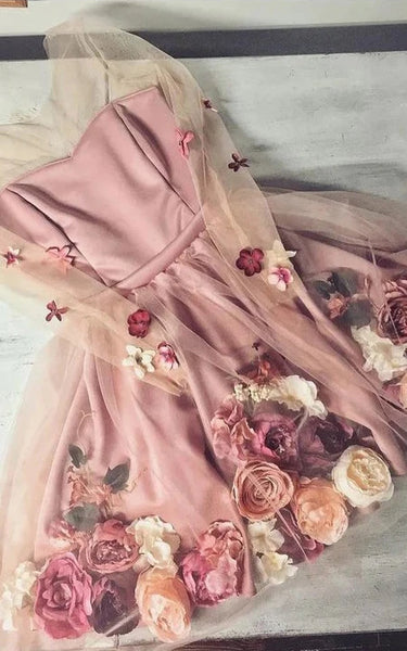 Cute Blush Illusion Long Sleeve Homecoming | Short Prom Dress with Floral Decoration