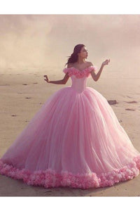 Fairy Pink Off-the-Shoulder Wedding Dress Tulle Ball Gown With Train