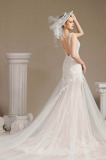 Illusion Plunging Mermaid Sleeveless Lace Open Back Wedding Dress With Appliques And Chapel Train