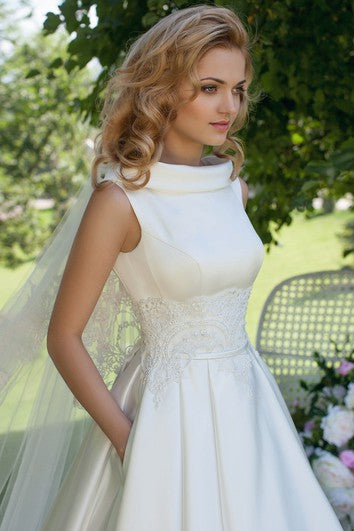 A-Line High Neck Sleeveless Satin Wedding Dress With Lace And Lace Up