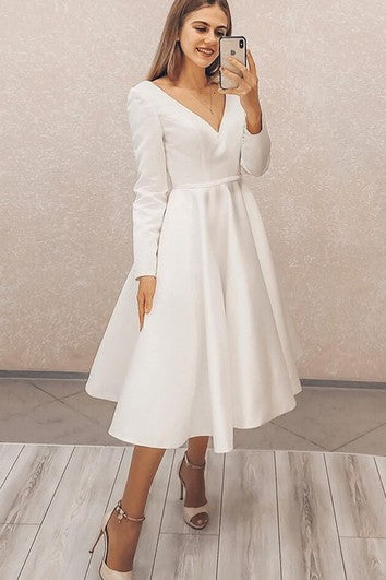 Casual A Line V-neck Satin Tea-length Wedding Dress