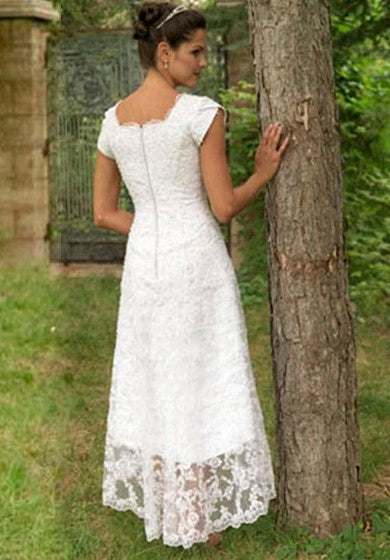 High Low U Neck Cap Sleeves Modest Elegant Lace Wedding Dress