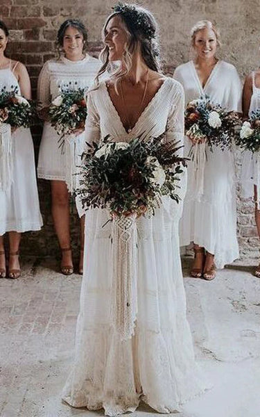 Bohemian Puff-long-sleeve Deep-v Back Lace Sheath Plunged Country Wedding Dress