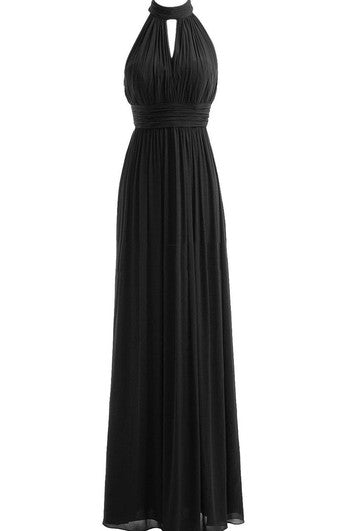 Halter Long Chiffon Gown With Keyhole Detail