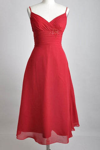 Tea-length V-Neckline A-line Chiffon Bridesmaid Dress With Spaghette Straps