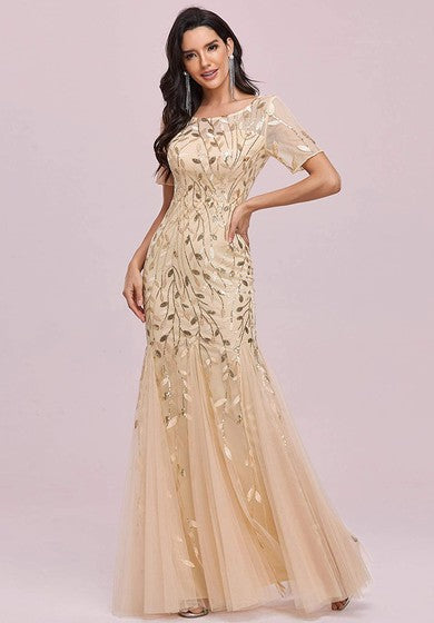 تول الترتر بطول الأرض حورية البحر قصيرة الأكمام خمر فستان متواضع مع الطيات