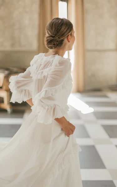 Flowy and Ethereal Long Sleeve Chiffon Wedding Dress with Tiered Court Train