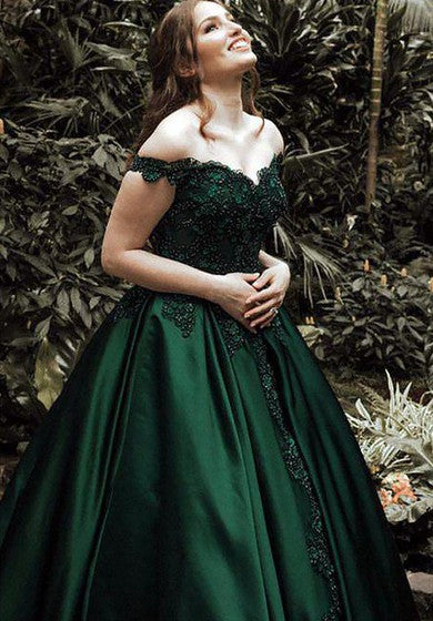 Robe de bal trapèze en satin à manches courtes et épaules dénudées en dentelle