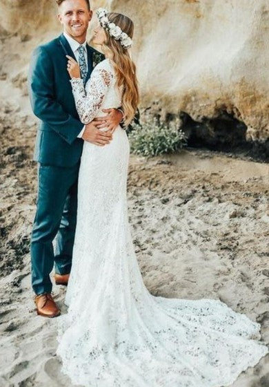 Modest Country Lace Court Train Velo de manga larga Boho/Hippie Wedding Vestido