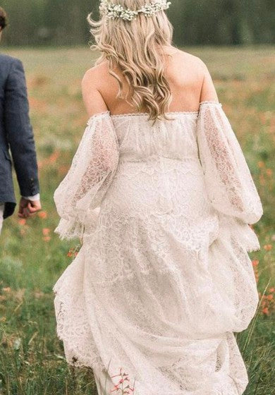 Vintage A-line krajková svatební šaty s vlečkou, otevřeným zadním dílem a zipem, s řasením po celé délce