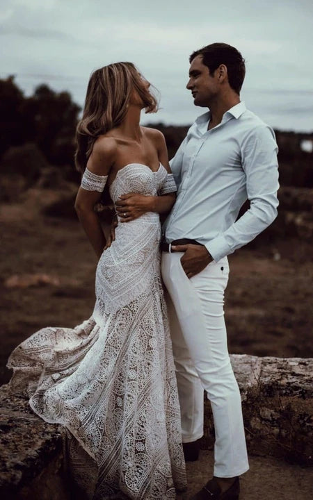 Boho Sweetheart Sheath Lace Empire Sweep Train Wedding Dress Ms. Grace Boho Sweetheart Sheath Lace Empire Sweep Train Wedding Dress Ms. Grace