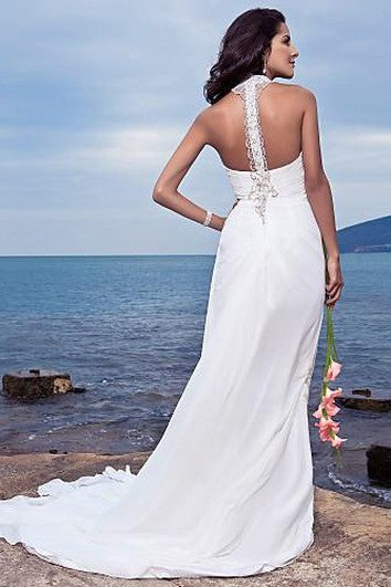 sheath Halter Court Train Chiffon Wedding Dress