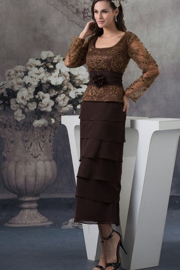 Classic Long-Sleeve Ankle-Length Square-Neck Appliques and Dress With Tiers