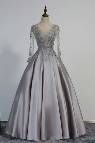 Illusion Long Sleeve V Neck Pleated Satin Ball Gown With Lace Detailing