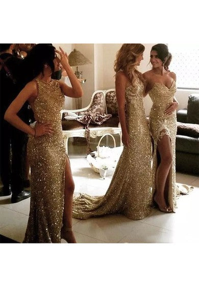 Halter Sweetheart en V-Cinco A-Línea Llegado de lentejuelas sin mangas de la dama de honor con espalda abierta