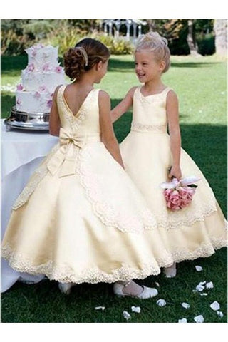 Ball Gown Scoop Sleeveless Bowknot Ankle-length Satin Flower Girl Dresses