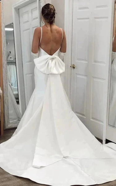 Simple Sexy Spaghetti Plunged Solid Mermaid Wedding Dress with Back Bow