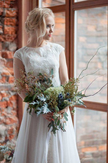 Scoop-Neck Cap-Sleeve Tulle Pleated Appliqued Dress With Illusion And Beading