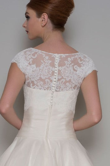 Tea-Length A-Line Scoop Neck Appliqued Cap Sleeve Wedding Dress