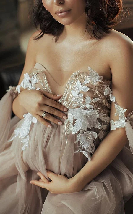 Maternity casual sin tirantes Tulle Empire Lace Vestido de novia con cuentas