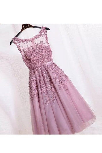 Short Mini Sleeveless Tulle Adorable A-Line Scoop Petite Zipper Back Appliques Bridesmaid Dress