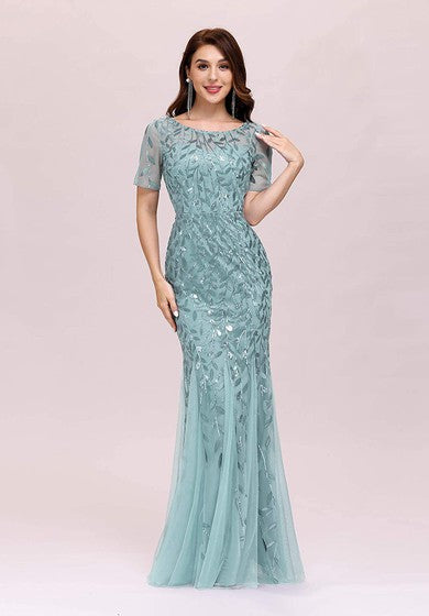 تول الترتر بطول الأرض حورية البحر قصيرة الأكمام خمر فستان متواضع مع الطيات