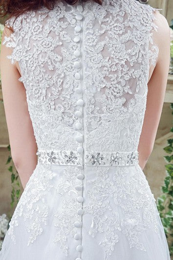 Timeless Lace Appliques Tulle Wedding Dress Cap Sleeve Beadings Zipper