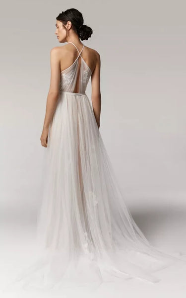 Halter Sleeveless Tulle Empire Waist Pleated Wedding Dress with Applique