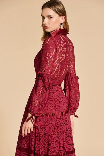 3/4 غلاف عالي الرقبة فستان غمد الدانتيل مع القوس القوس