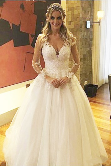 Illusion Deep V Neck Pearls Beaded Backless Sheer See Through Lace Wedding Dress