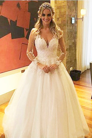 Illusion Deep V Neck Pearls Beaded Backless Sheer See Through Lace Wedding Dress