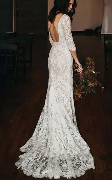 V-neck 3-4-sleeve Sheath Appliqued Vintage Lace Wedding Dress with Court Train