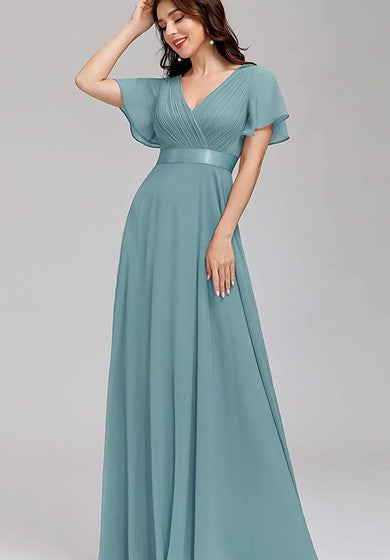 Elegant Chiffon V-neck A Line Short Sleeve Prom Mother Dress With Ruffles