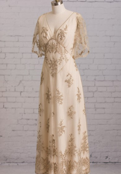 Sheath With Illusion Butterfly Sleeves V Back Goldline Embroidery Brush Train Dress