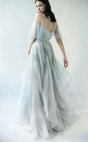 Off-the-shoulder Blue Empire A-line Tulle Dress with Draping