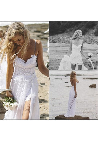Strandziel Elopement Einfaches/lässiges Spaghetti-Spitzen-Brautkleid mit rückenfreiem Rücken und Applikationen vorne