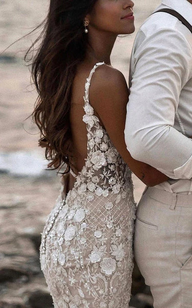 Strapped V-neck Beach Sheath Mermaid Lace Deep-v Back Wedding Dress