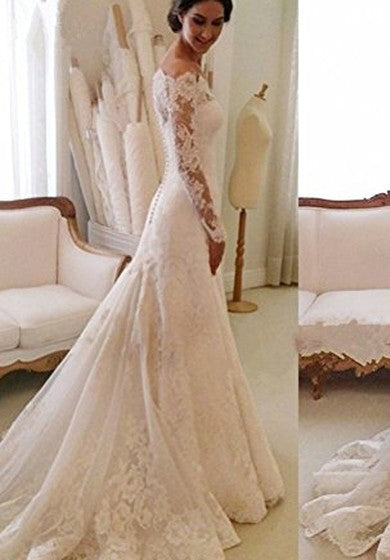 Off-shoulder All Lace A-line Gown With Long Sleeves