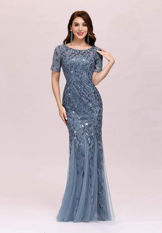 Tulle Sequins Floor-length Mermaid Short Sleeve Vintage Modest Dress with Pleats