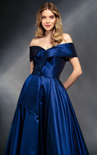 Off-the-shoulder Solid A-line Satin Dress with Sweep Train