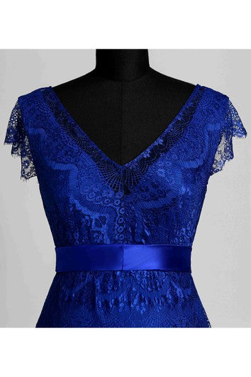 A-line V-neck Cap Short Sleeve Floor-length Lace Maternity Dress with Sweep/Brush Train