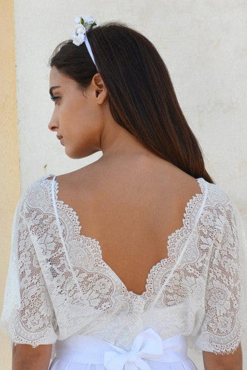 Bohemian V Neck Cleavage Lace Sleeves Wedding Dress