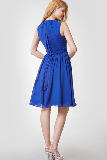 Elegant High Neck Pleated Short Chiffon Dress With Sash