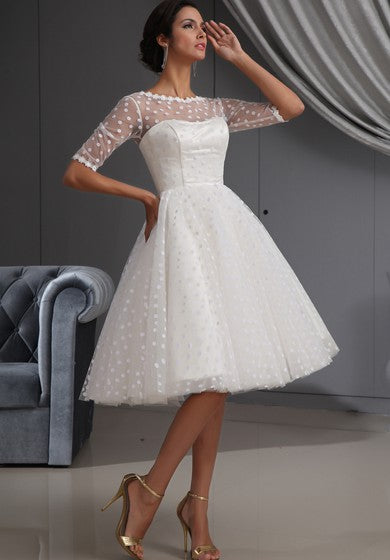 Half-Sleeve Illusion Knee-Length Short Dress With Lace and Dot