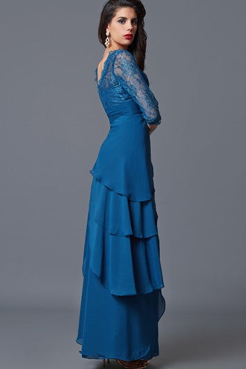 Elegant Long-sleeved V-neck Layered Lace and Chiffon Long Formal Dress