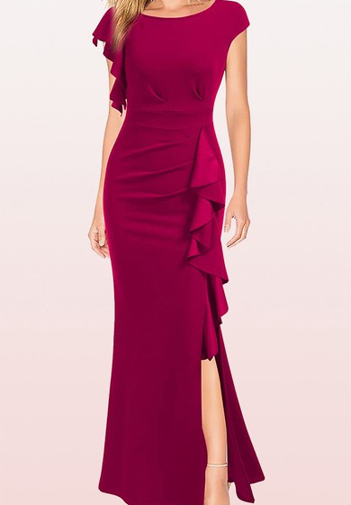 Sexy Jersey Sleeveless Bateau Sheath Guest Dress With Split Front and Ruffles