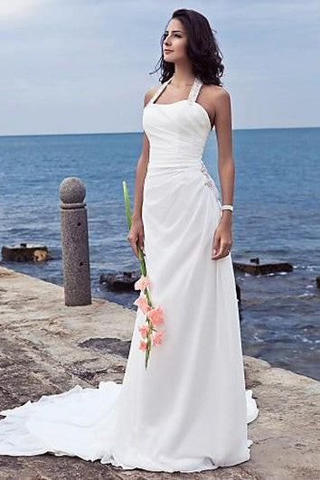 sheath Halter Court Train Chiffon Wedding Dress