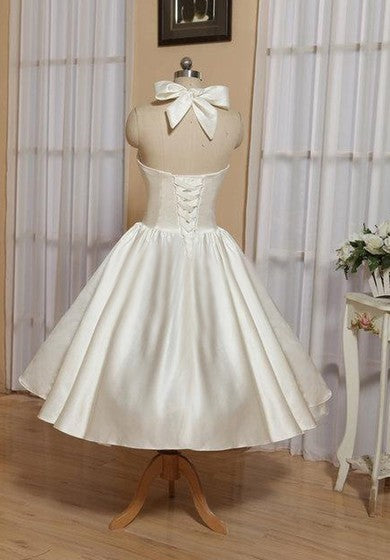 Halter Tea-Length Satin Wedding Dress With Bow And Lace-Up Back