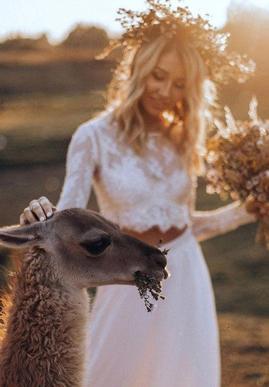 Robe de mariée bohème en mousseline de soie et dentelle à deux pièces style country/western avec col bateau et manches longues